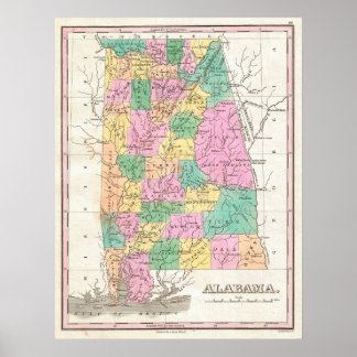 Vintage Alabama Staat Map (1827) Poster