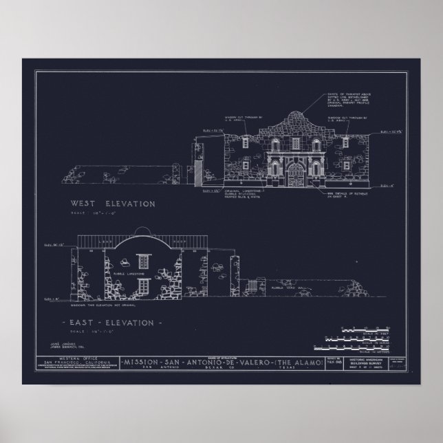 Vintage Alamo Architektur Blueprints Poster (Vorne)