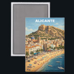 Vintage Alicante Spain Vacation Travel Magnet<br><div class="desc">Bring the timeless sun-drenched charm of the Costa Blanca into your home! This premium vintage-style travel magnet captures the soul of Alicante, Spain, through a classic mid-century lens. The artwork masterfully balances the relaxation of the Mediterranean with the city’s deep history. In the foreground, the golden sands of Playa del...</div>
