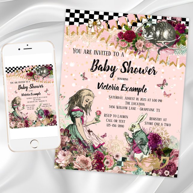 Vintage Alice im Wunderland Kinderdusche Einladung (Alice in wonderland baby shower invitation. Instant download and printed invitations available.)