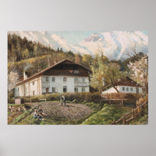 Vintage Alpen-Bauernhaus Frühlingslandschaft Poster