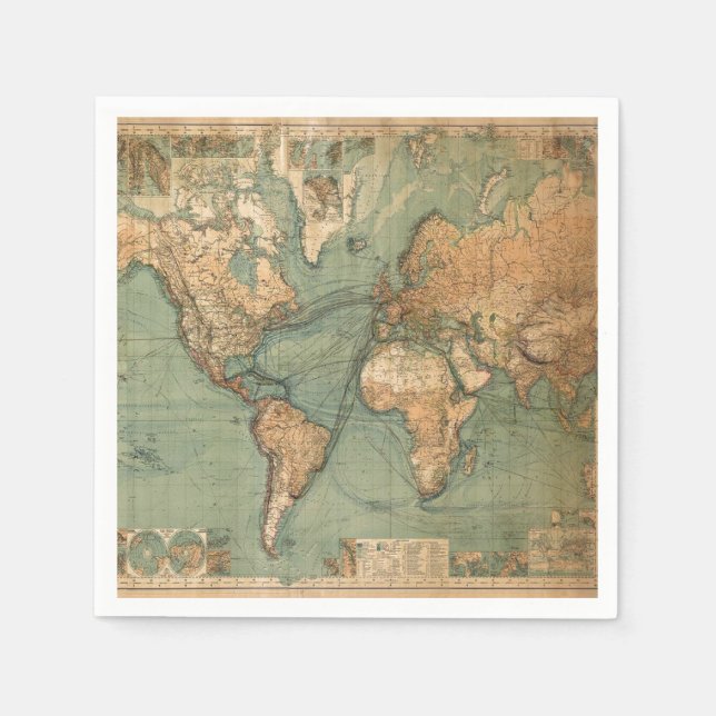 Vintage Alte Antike Weltkarte Serviette (Vorderseite)