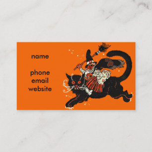 Vintage alte Hexe, die eine schwarze Katze reitet Visitenkarte