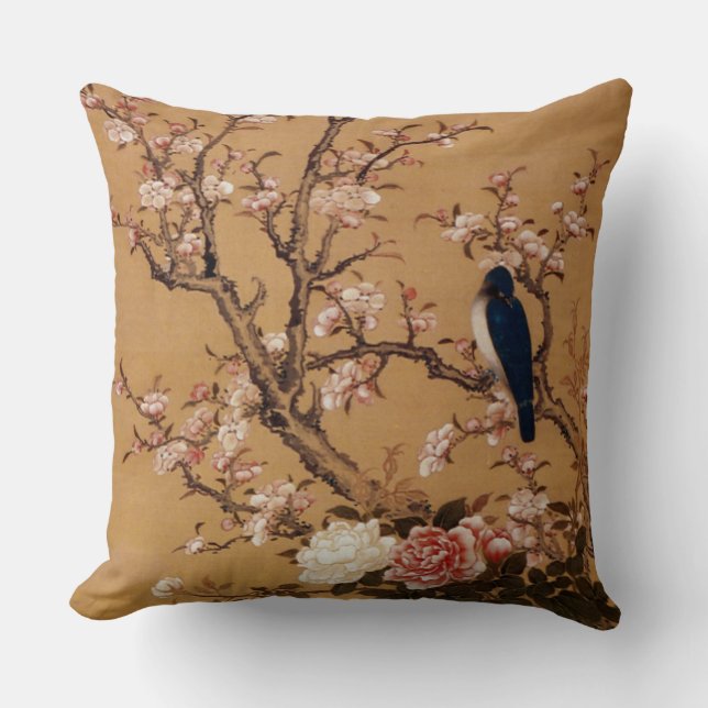 Vintage alte japanische Malerei eines Vogels auf Kissen (Vorderseite)
