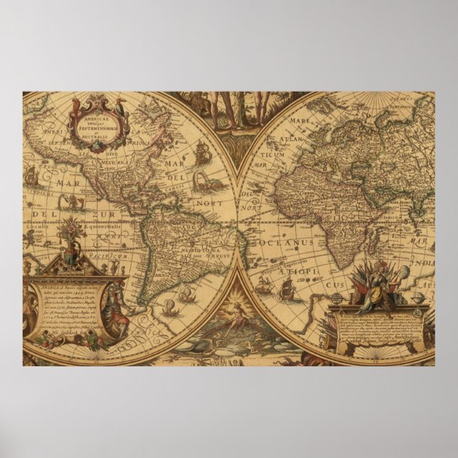 Vintage Alte Welt Karte Sepia Kunst-Reise Poster (Vorne)