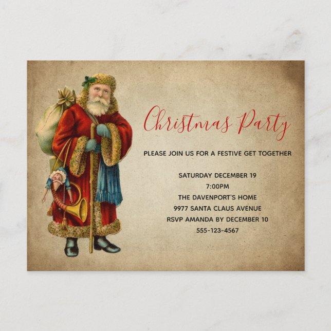 Vintage Alte Welt Weihnachten Weihnachtsmann Einladungspostkarte (Vorderseite)