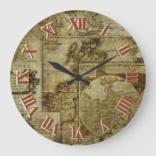Vintage Alte Weltkarten Große Wanduhr (Vorderseite)