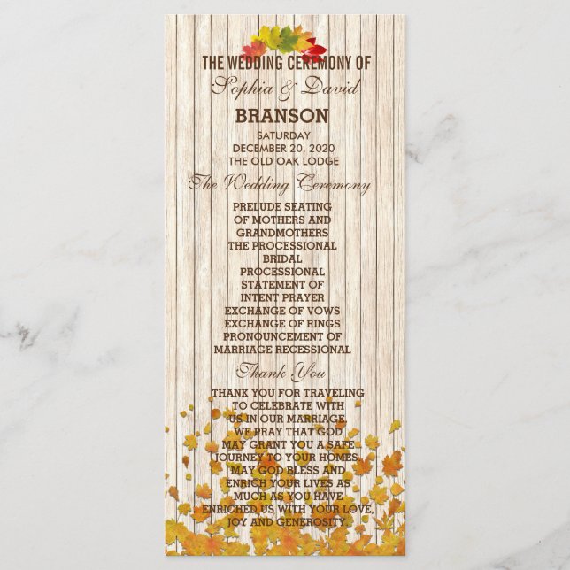 Vintage altes Holz Herbst Hochzeitsprogramm nach M Programm (Vorderseite)