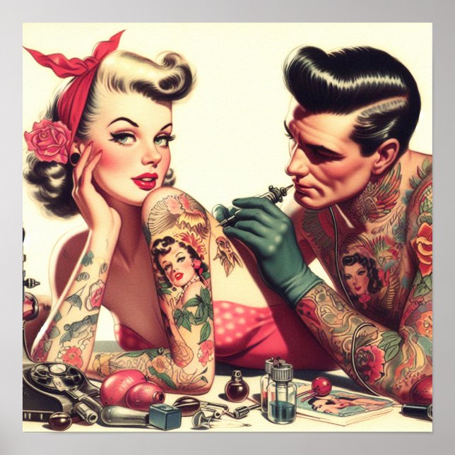 Vintage Altschule Tattoo Couple Illustration Poster (Vorne)