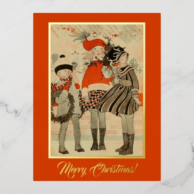 Vintage Altzeit Weihnachtskinder Folien Feiertagspostkarte (Vorderseite)