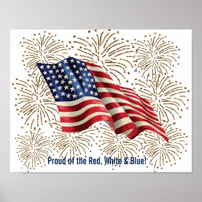 Vintage amerikanische Flagge mit Gold-Glitzer-Feue Poster (Vorne)