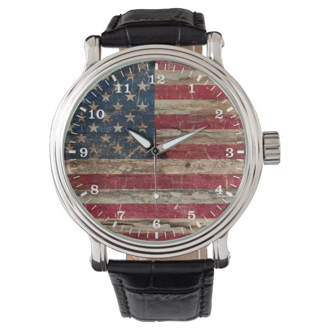 Vintage amerikanische Holzflagge Armbanduhr (Vorderseite)