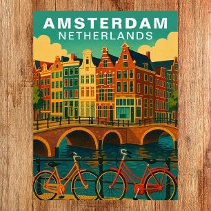 Vintage Amsterdam Niederlande Kanäle & Fahrrad Postkarte