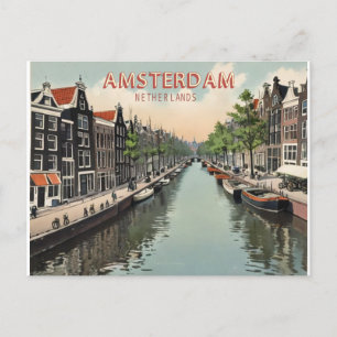 Vintage Amsterdam Niederlande Wasserfront & Boot Postkarte