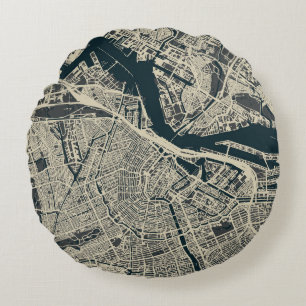Vintage Amsterdamer Karte: Retro Minimalistisch Rundes Kissen