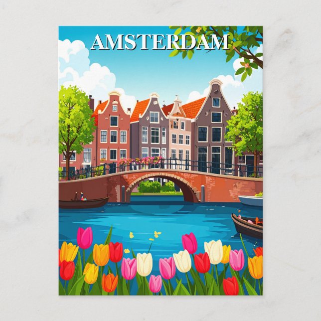 Vintage Amsterdamer Reise mit Tulips Postkarte (Vorderseite)