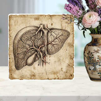 Vintage anatomische Leber-Tuschezeichnung Sepia Fliese