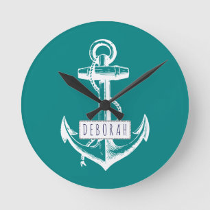 Vintage anchor and name teal nautical round clock runde wanduhr
