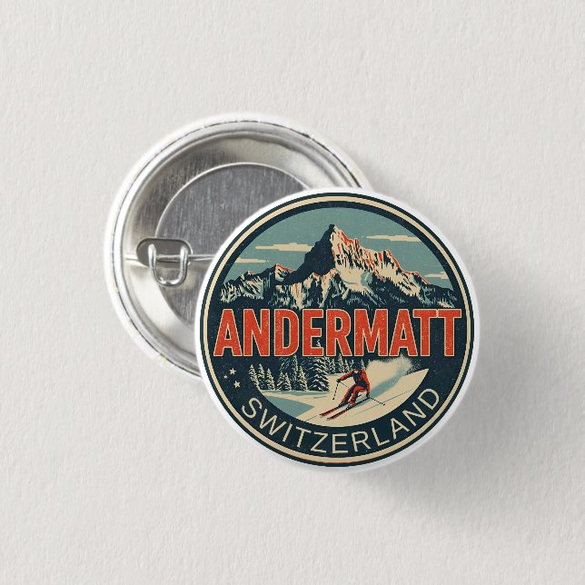Vintage ANDERMATT Ski Schweiz Schweizer Alpen Gesc Button (Vorne & Hinten)