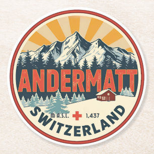 Vintage ANDERMATT Ski Schweiz Schweizer Alpen Gesc Runder Pappuntersetzer