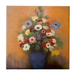 Vintage Anemone und Lila in blauer Vase Fliese