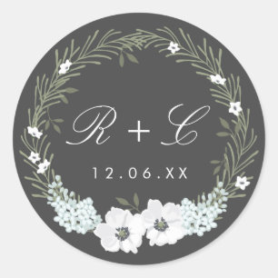 Vintage-Anemonen-Kranz-Monogramm-Hochzeit Runder Aufkleber