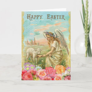 Vintage Angel- und Baby-Lamm-Rose Ostern Feiertagskarte