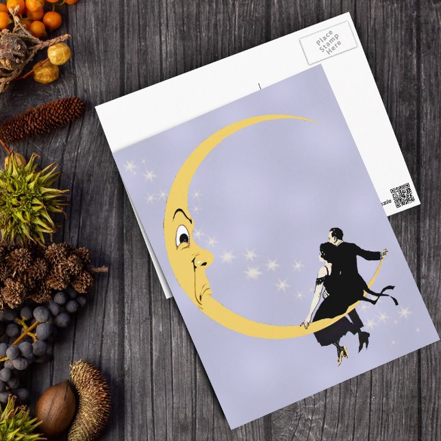 Vintage Angry Crescent Moon Face Stars Couple Postkarte (Couple sitting on yellow crescent moon with angry face stars on blue postcard.)
