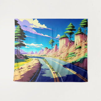 Vintage Anime-Straßenlandschaft Wandteppich