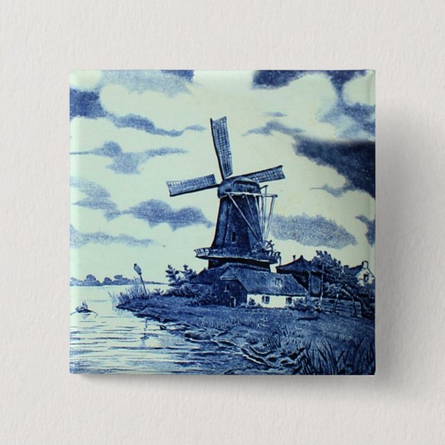 Vintage antike Delft Blue Tile - Windmühle Button (Vorderseite)