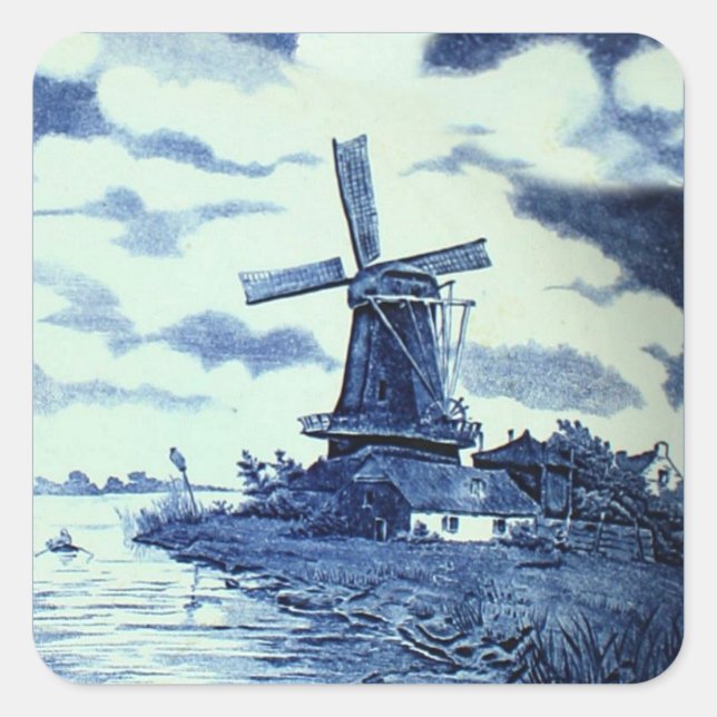 Vintage antike Delft Blue Tile - Windmühle Quadratischer Aufkleber (Vorderseite)