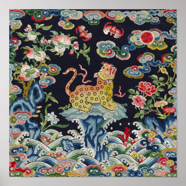 Vintage antike Leoparden-Blume Stickereitextilien Poster (Vorne)