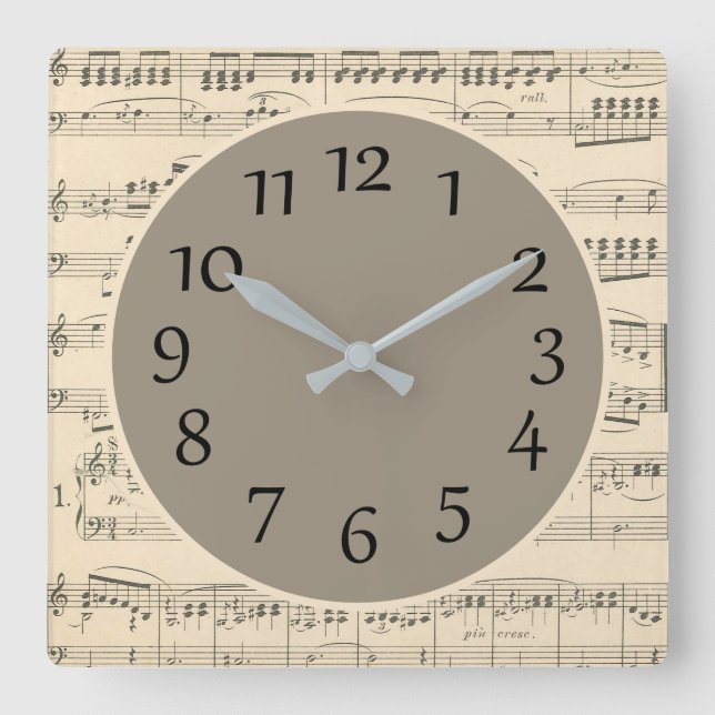 Vintage antike Notenmauer mit Zahlen Quadratische Wanduhr (Vorderseite)