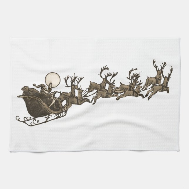 Vintage antike Sepia Santa Sleigh Rentiers Handtuch (Horizontal)