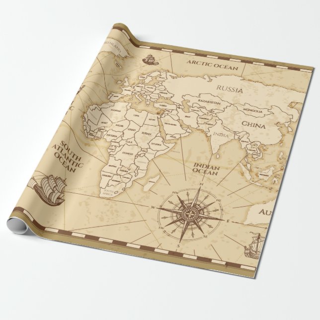 Vintage antike Weltkarte mit Ländergrenzen Geschenkpapier (Ungerollt)