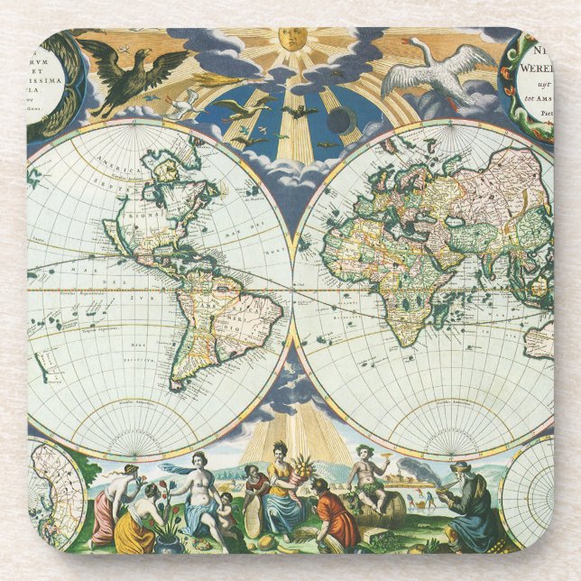 Vintage antike Weltkarte von Pieter Goos, 1666 Untersetzer (Vorderseite)