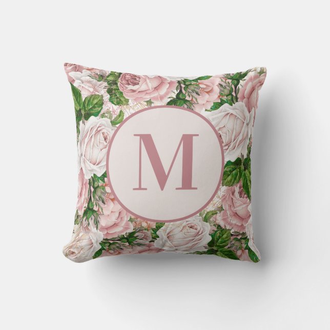 Vintage antikrosa Blume Monogramm Kissen (Vorderseite)