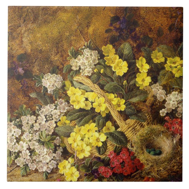Vintage Apfelblütenprirosen und Vogelnest Fliese (Vorderseite)