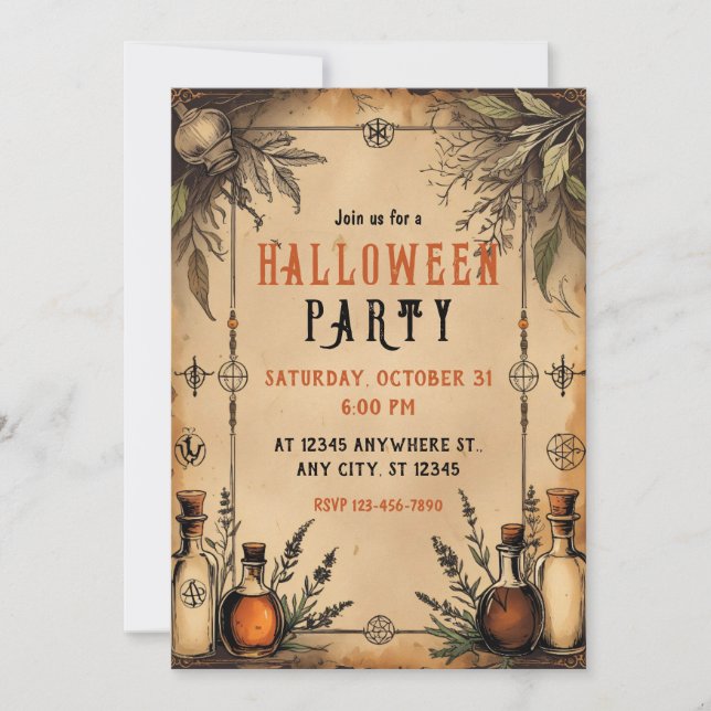 Vintage Apotheke, Tränenflaschen, Halloween Einladung (Vorderseite)