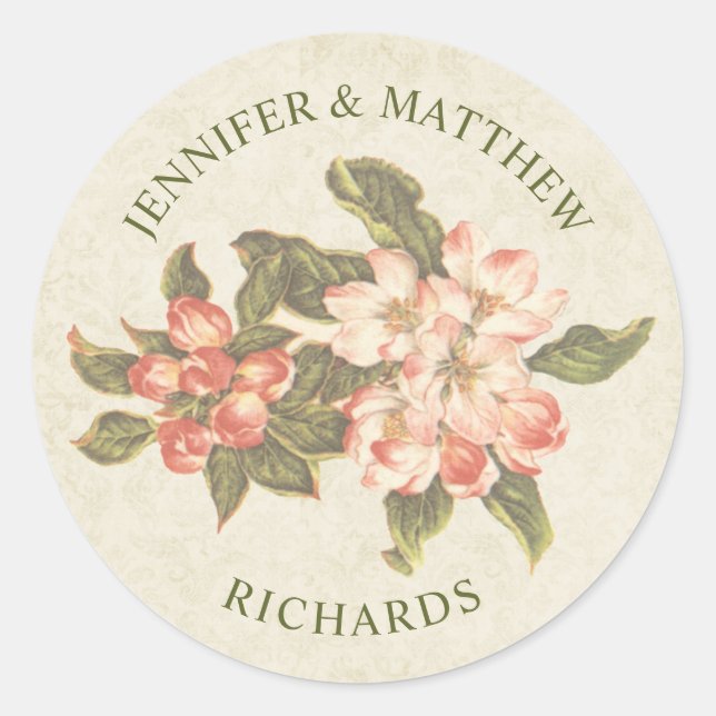 Vintage Apple-Blossom-Hochzeit | Name Runder Aufkleber (Vorderseite)