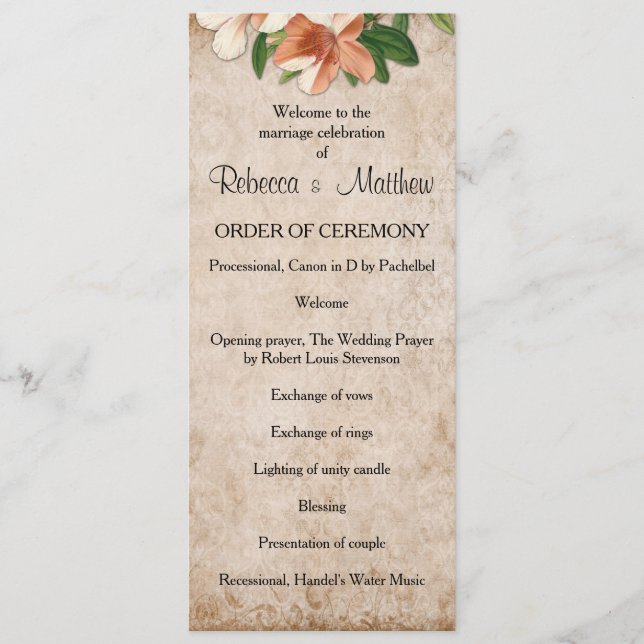 Vintage Apricot Lys Programme de mariage (Devant)