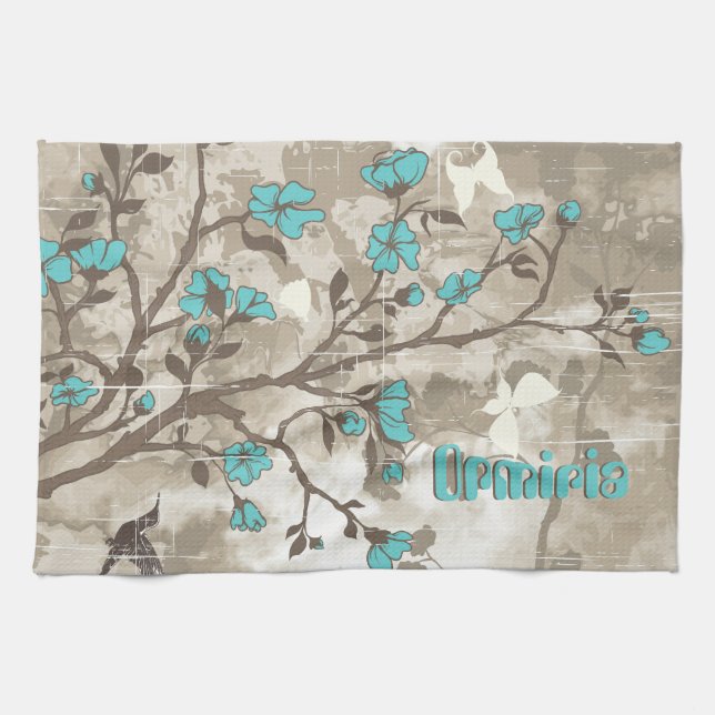 Vintage Aqua-Blume Blumengarnsträuße Geschirrtuch (Horizontal)