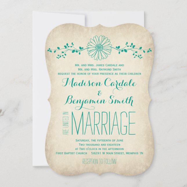 Vintage Aqua Daisy Rustic Wedding Invitations (Devant)