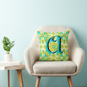 Vintage Aqua Gelbe Limette Blumen Monogramm Kissen