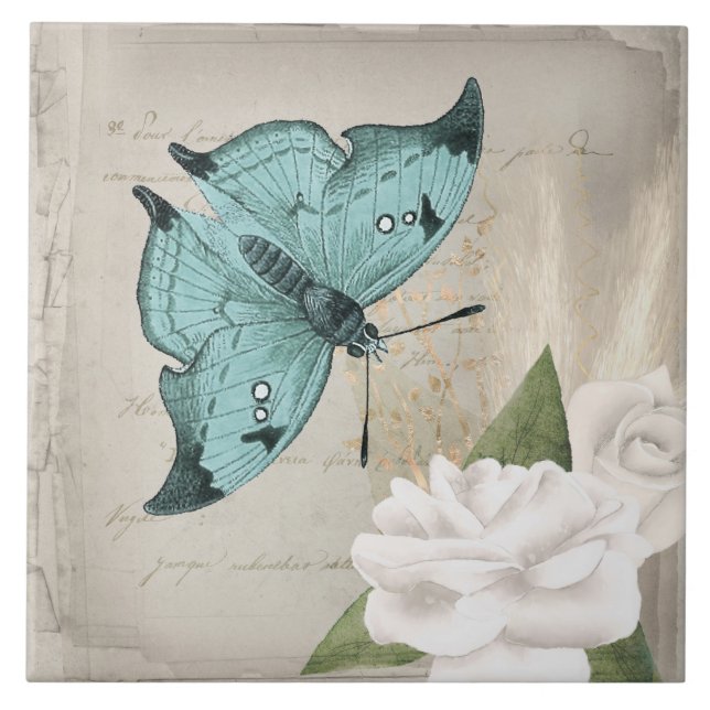 Vintage Aqua Moth on White Roses Ephemera Fliese (Vorderseite)