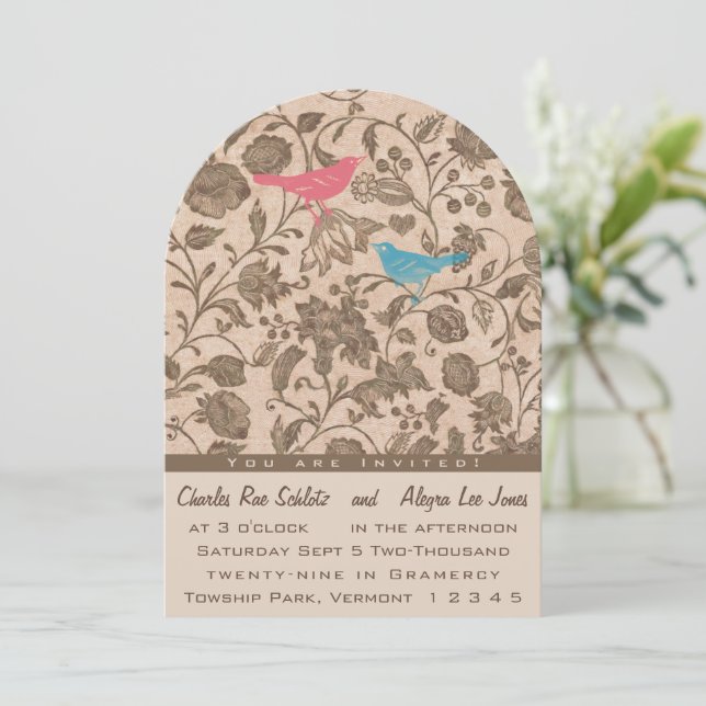 Vintage Aqua Pink Love Bird Muster Hochzeit Einladung (Stehend Vorderseite)