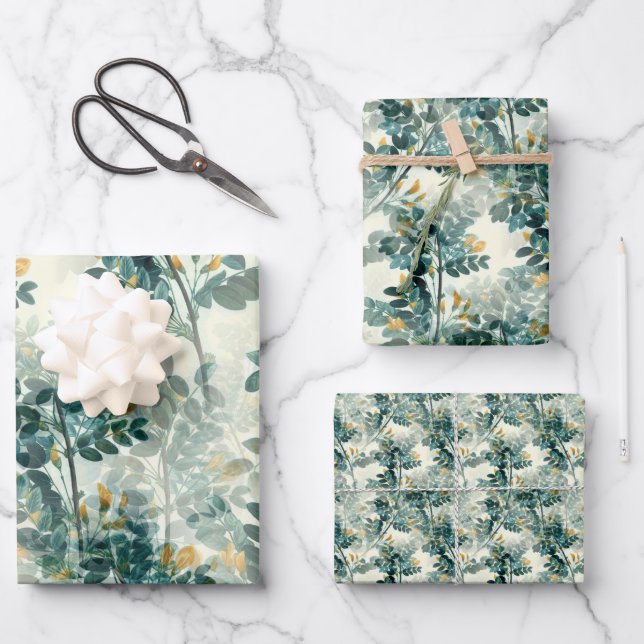 Vintage Aquamarine Grünfolien-Blätter Elegantes Mu Geschenkpapier Set (Vorderseite)