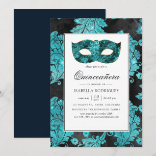 Vintage Aquamarine Masquerade Damask Quinceañera Einladung