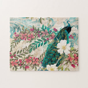 Vintage Aquamarine Pfaue und rosa Blume