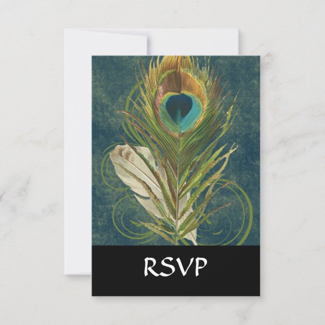 Vintage Aquamarine Pfauenfeder RSVP Karte (Vorderseite)